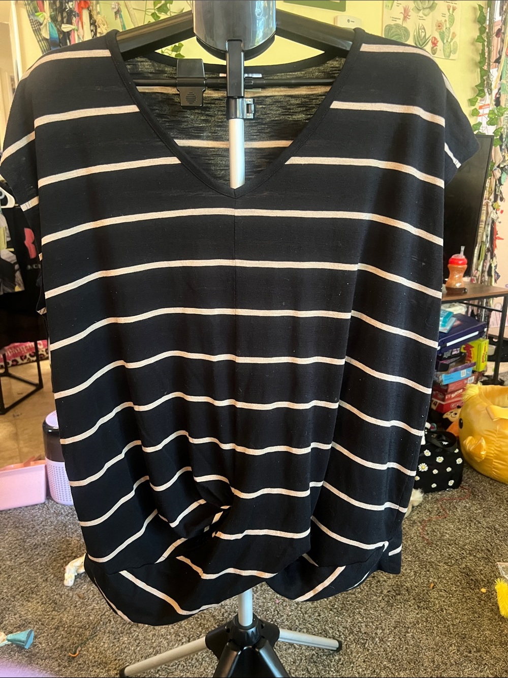 Allison Brittney Black and Cream Striped V-Neck Tunic